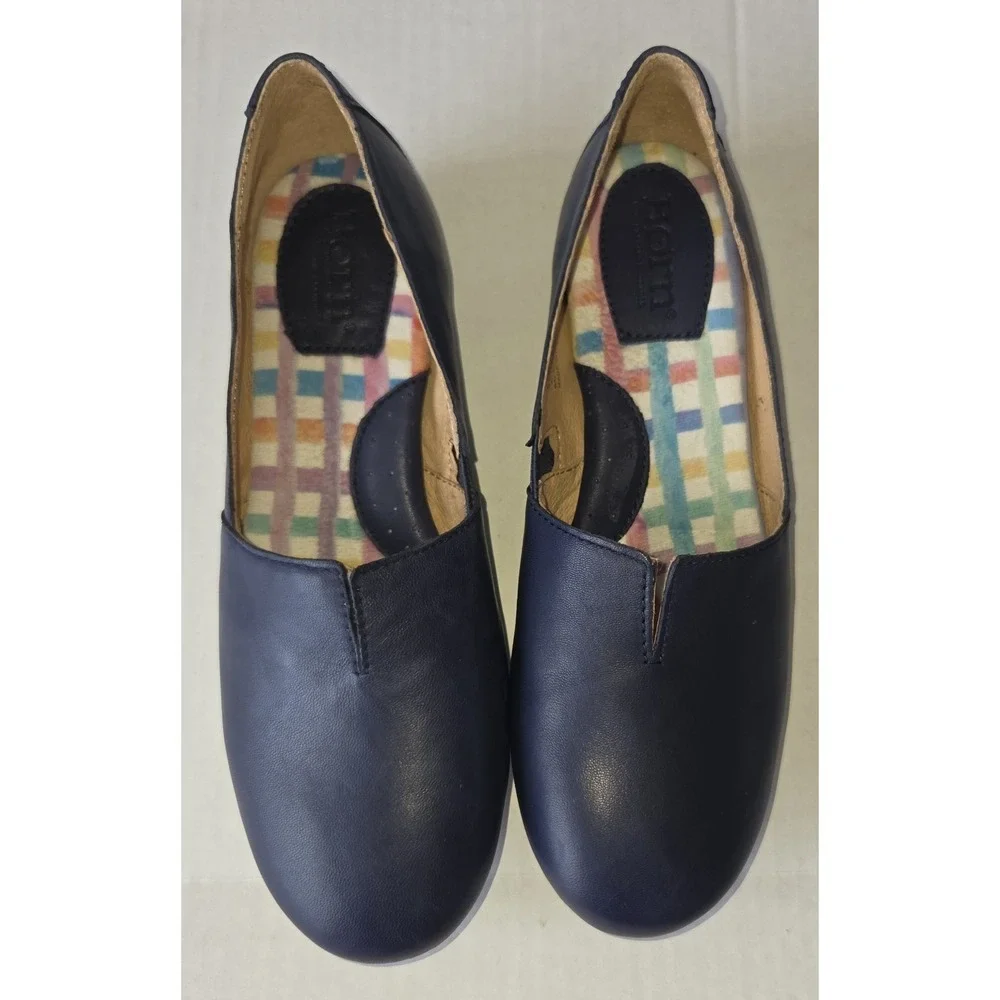 BORN Sebra Leather Flats Size 6.5M Navy Slip On Arch Support Comfort Women